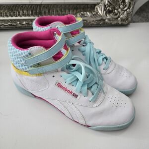 REEBOK V63067 F/S Retro High Tops JR'S White/Pink/Cool Blue Leather Lifestyle Bo